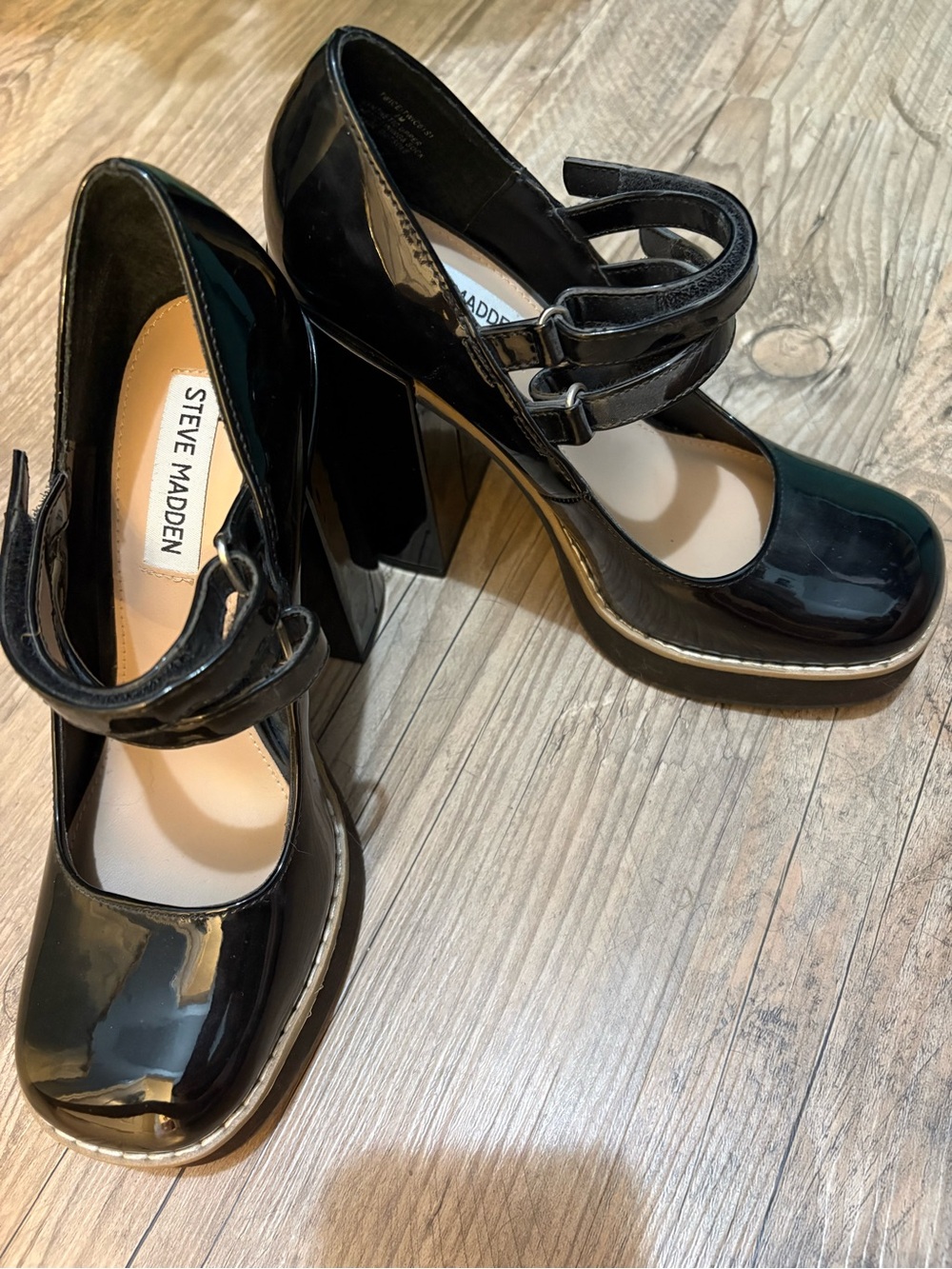 Steve Madden Black Patent Double-Strap Block Heel Pumps - Picture 3 of 10
